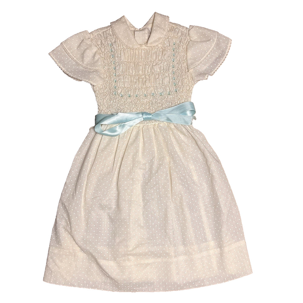 Vintage Polly Flinders Girls Hand Smocked Short Sleeve Dress Cream White Blue 6
